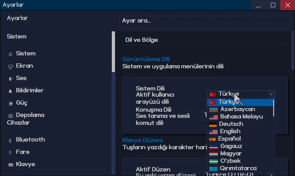 Ayarlar dil listesi: her dil kendi bayrağı ve kendi adıyla.